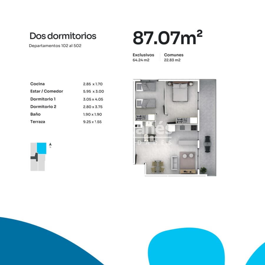 Apartamento ID.10606 - Venta: Apto. de 2 dormitorios al frente con vista despejada, gran terraza.
