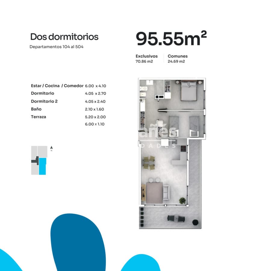 Apartamento ID.10608 - Apto. de 2 dormitorios en 5° piso, vista despejada, gran terraza