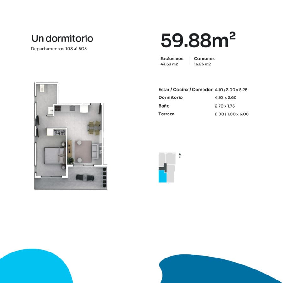 Apartamento ID.10607 - 🌟 Apartamento de 1 dormitorio contrafrente con luz y gran terraza.