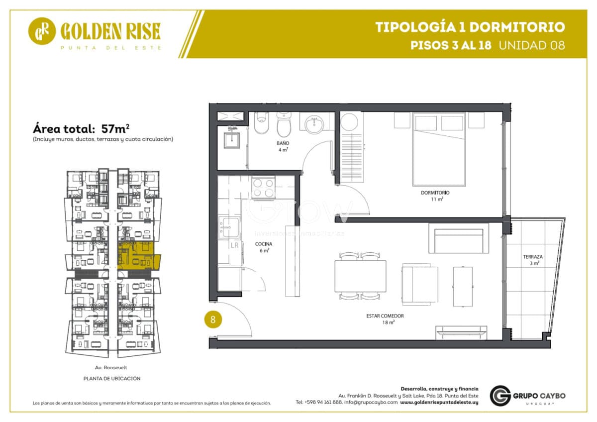 1 Dormitorio con Terraza en piso alto