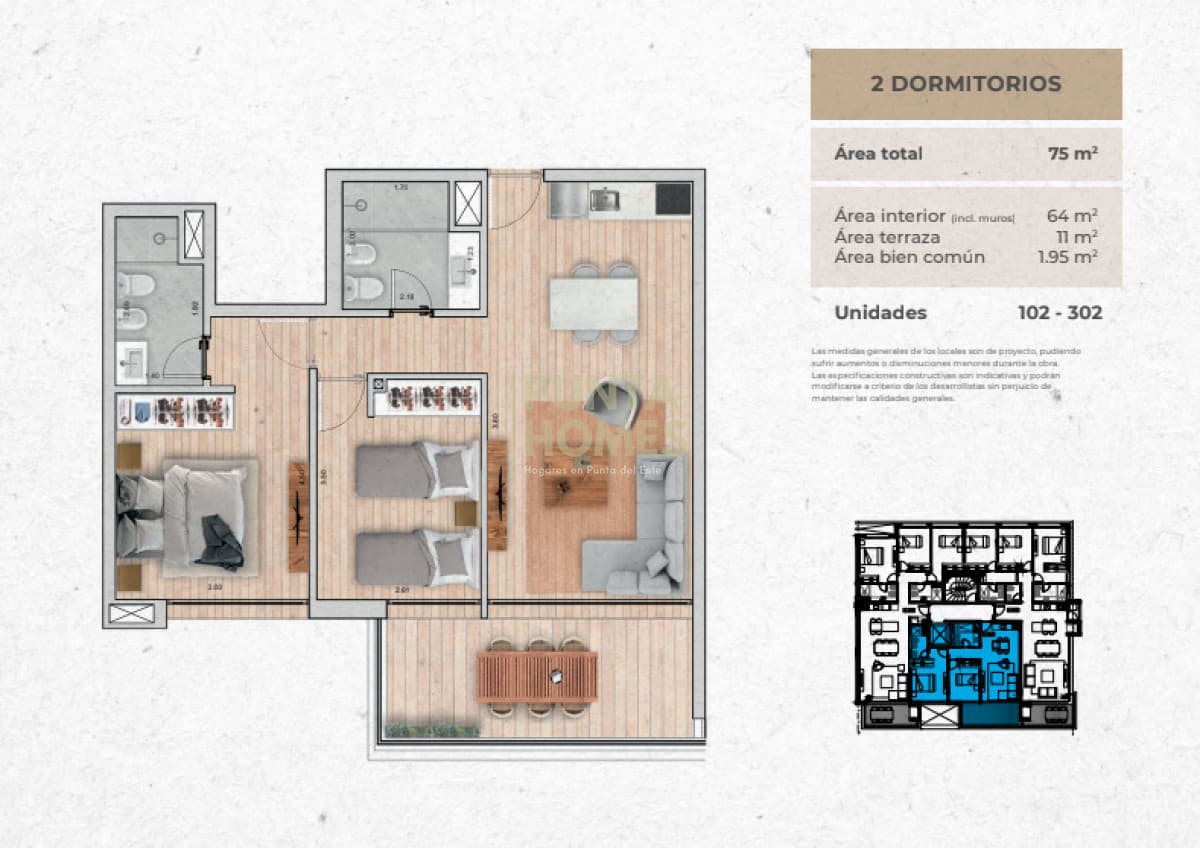 Punta Homes Inmobiliaria Apartamento ID.3975 - Noreste Residences 2 Dormitorios apto 103