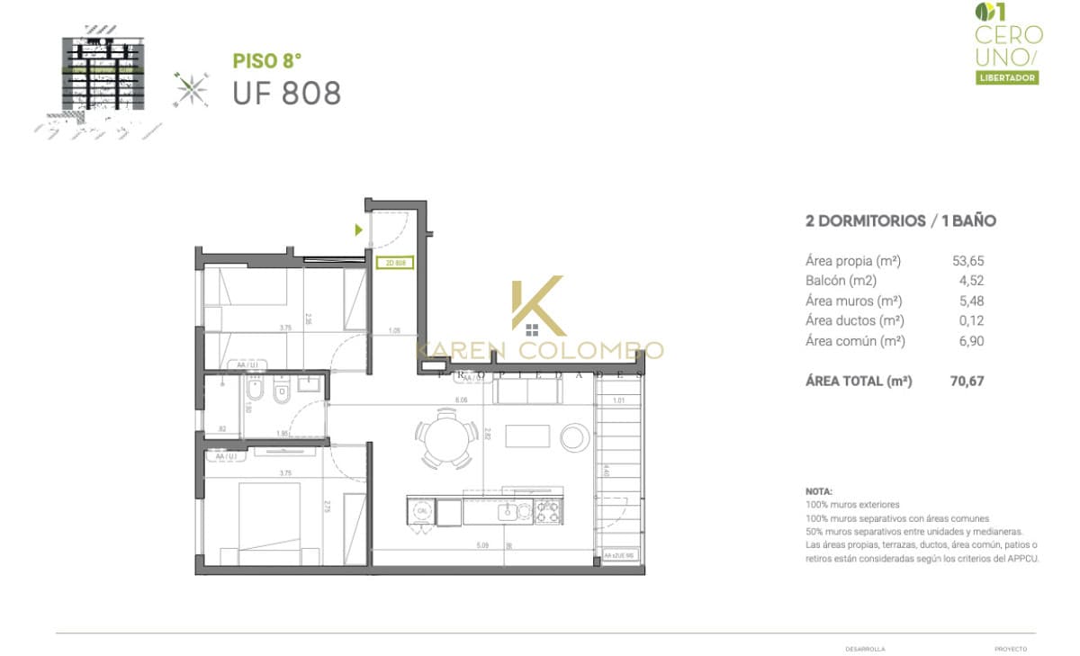 Apartamento 2 dormitorios en Aguada