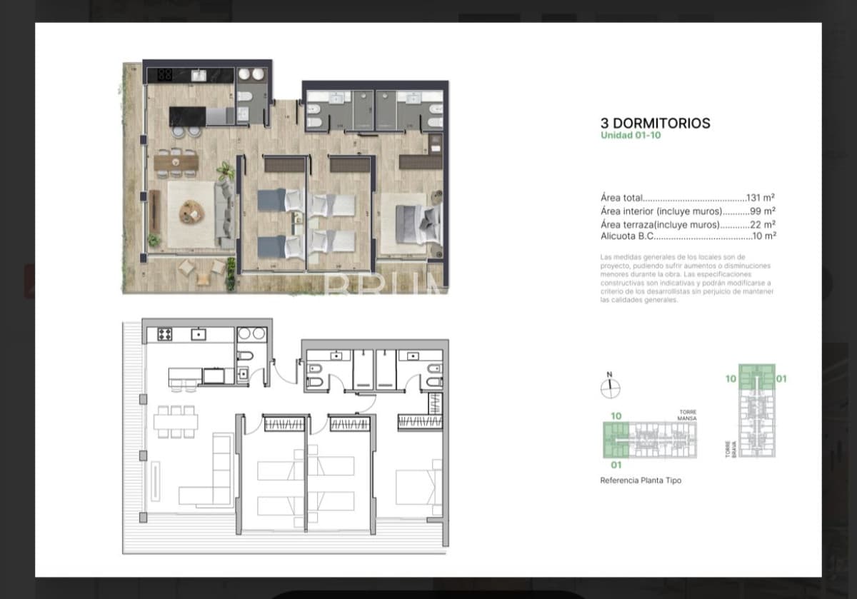 Apartamento en pozo 3 dormitorios
