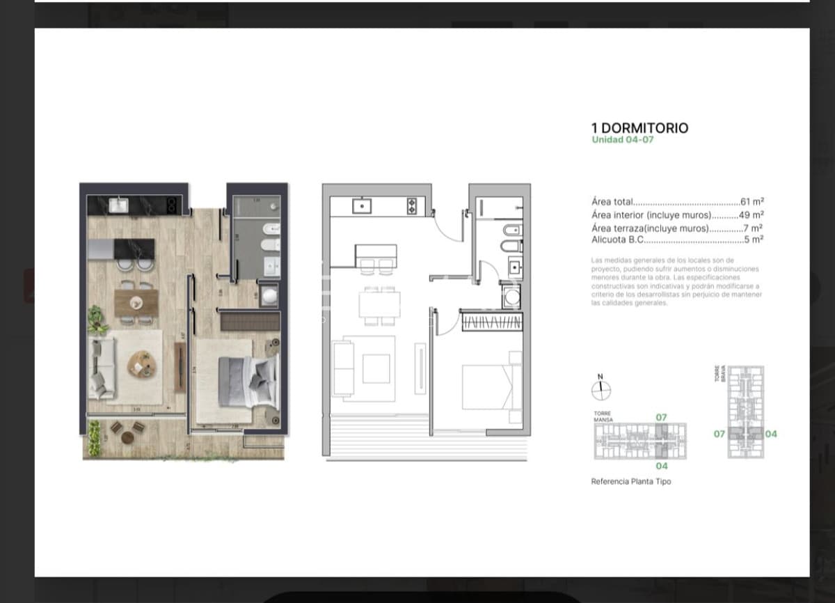 Apartamento en pozo 1 dormitorio
