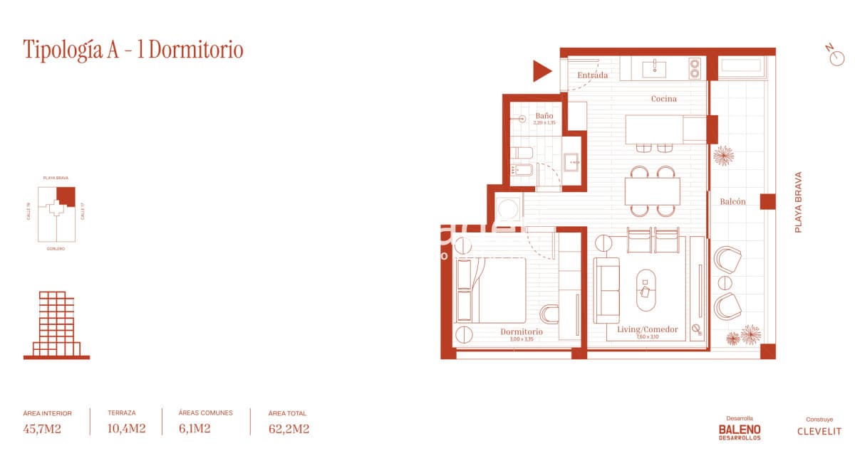 1 dormitorio con balcón amplio en Península