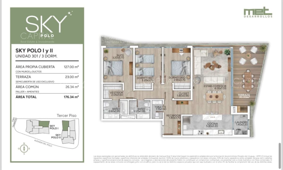 Apartamento de tres dormitorios con parrillero propio en venta zona Carrasco.