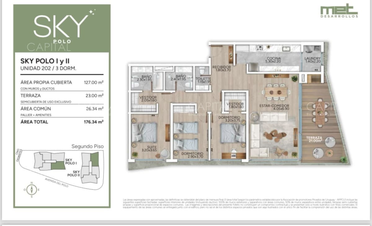 Apartamento en pozo de tres dormitorio en Carrasco, Proyecto Sky Polo.