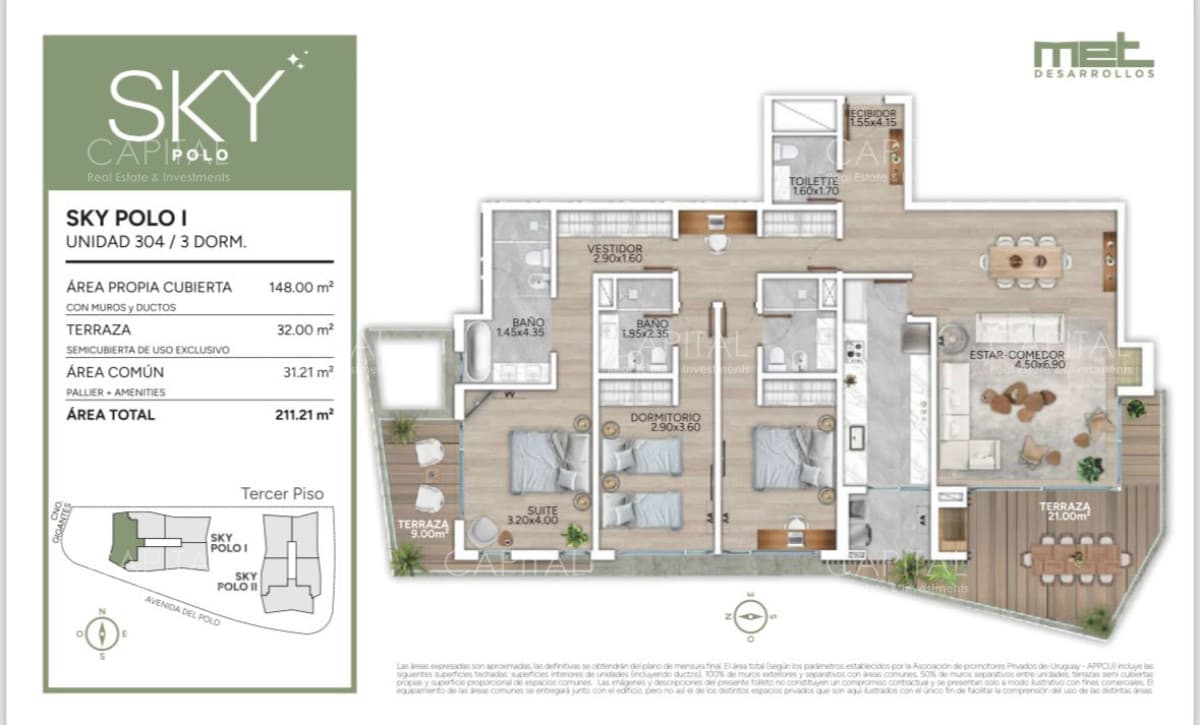 Apartamento de tres suites en venta zona Carrasco sobre Av. del Polo
