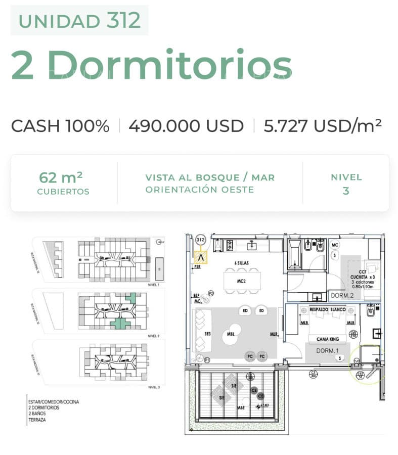 Departamento 2 dormitorios en venta en Casa Grande José Ignacio