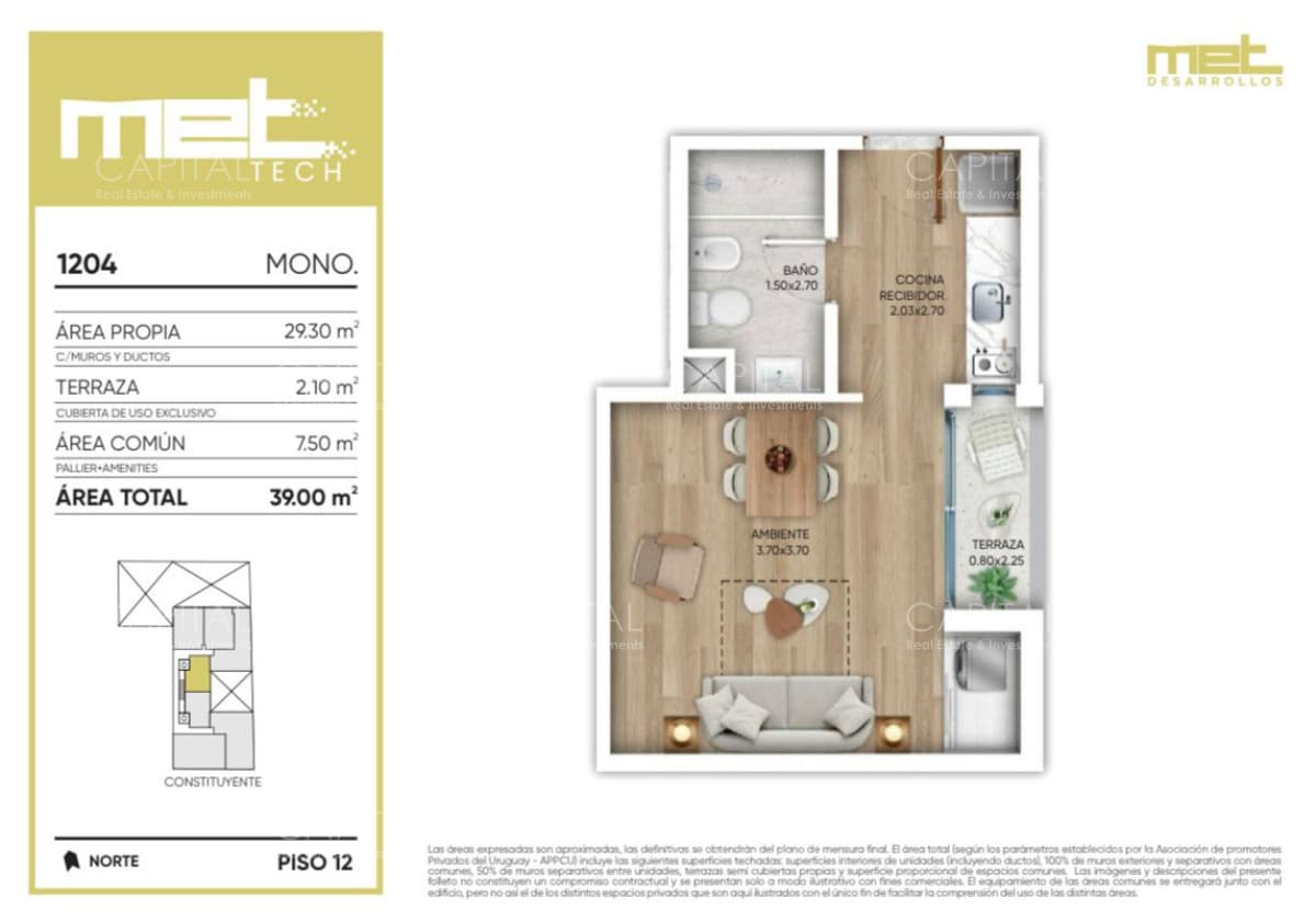 Monoambiente en venta a estrenar con balcón en piso alto, Cordón, Montevideo
