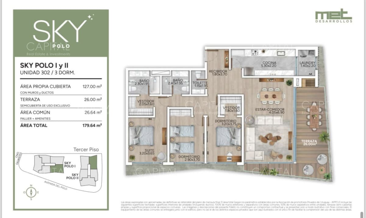 Apartamento de tres dormitorios en Proyecto Sky Polo , Carrasco.
