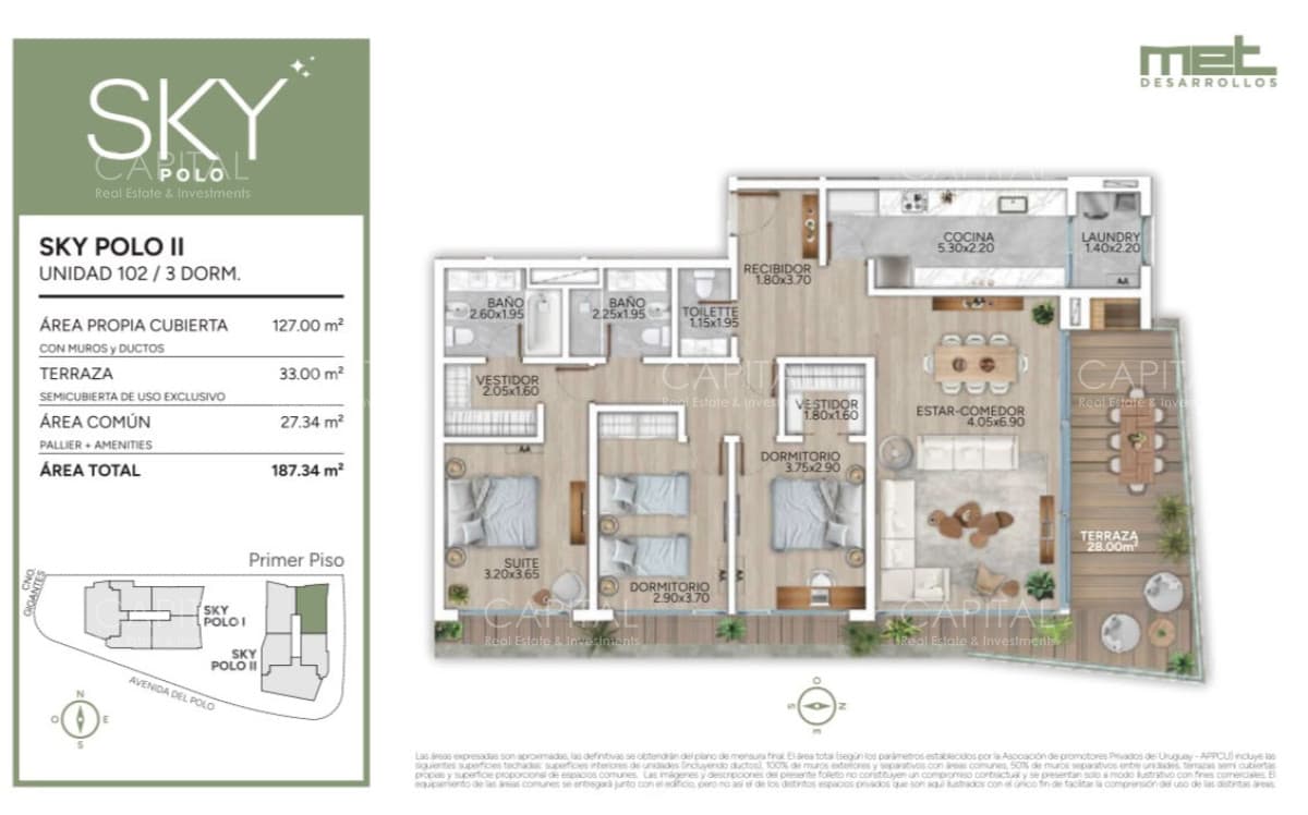 Apartamento de tres dormitorios en pozo zona Carrasco Polo Club.