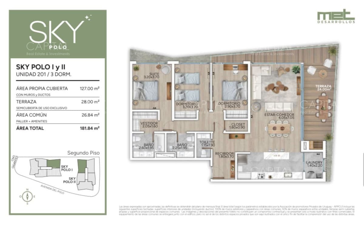 Venta de apartamento de tres dormitorios en Polo Carrasco.