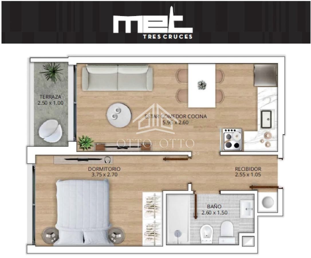 Apartamento en venta, 1 dormitorio en tres cruces