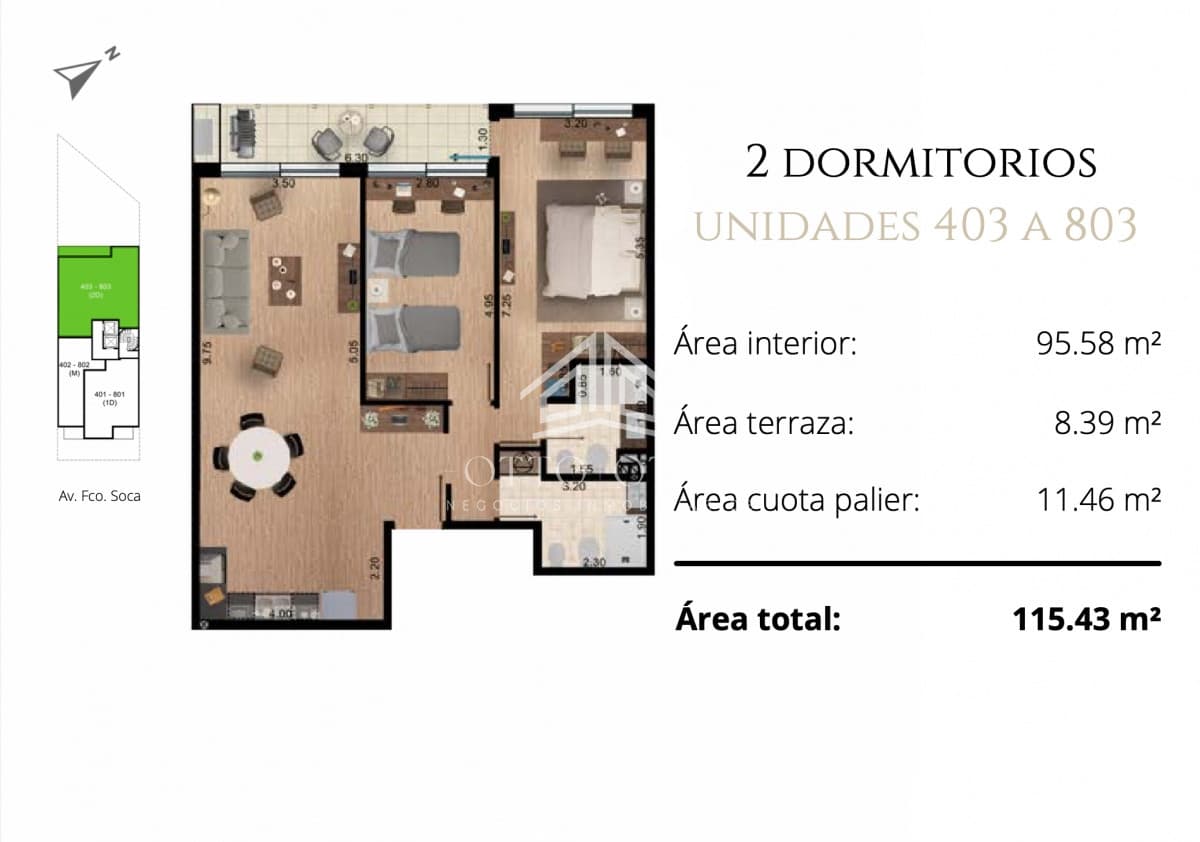 Apartamento en venta 2 dormitorios con 2 baños Pocitos