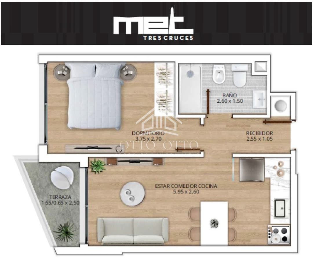 Apartamento en venta, 1 dormitorio en tres cruces